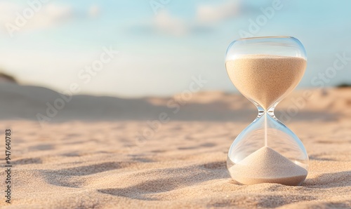 A classic hourglass with sand flowing through it on sandy background, Generative AI