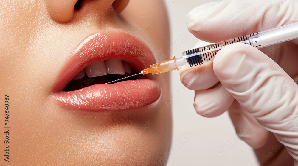 Close-up of a woman receiving a Botox injection on her lips. Close-up of a woman receiving a Botox injection on her lips.