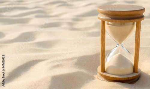 A classic hourglass with sand flowing through it on sandy background, Generative AI