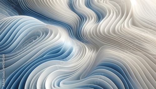 Abstract blue and white wave, curve patterns flowing through a soft landscape background with gentle light.