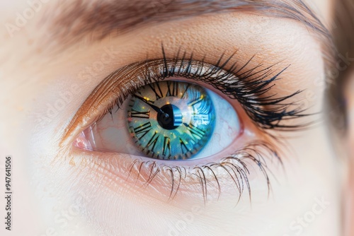 Close-up of an eye with a clock face.