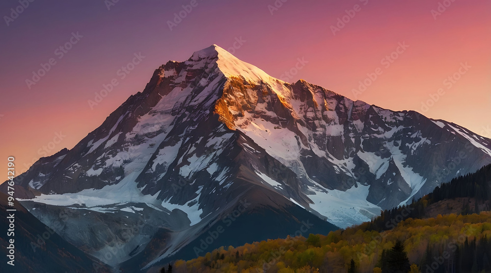 Fototapeta premium Majestic Mountain Peak at Sunset with Snow and Fall Foliage