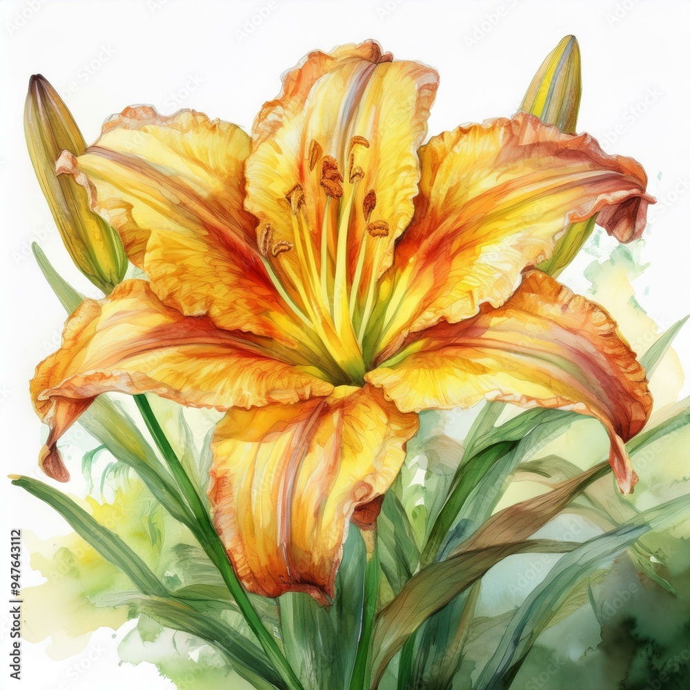 Fototapeta premium A vibrant orange lily blossom with delicate petals and fresh green leaves, perfect for nature and floral themes.