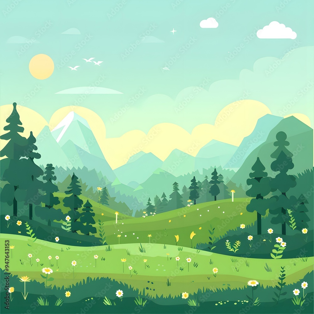 Green Meadow Landscape With Mountains And Sun Green Meadow Landscape With Mountains And Sun
