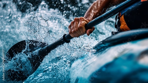 A man navigates through rushing waters dynamically paddling while bursts of spray surround him capturing the excitement of kayaking in nature’s embrace