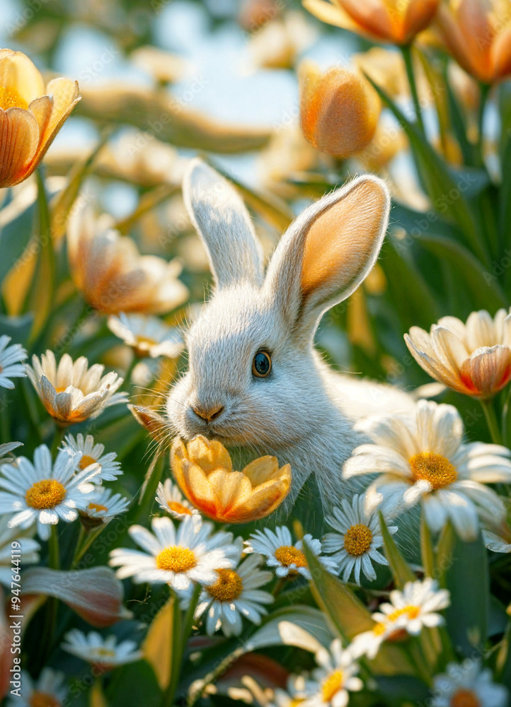 Fototapeta premium Rabbit and flowers in the forest