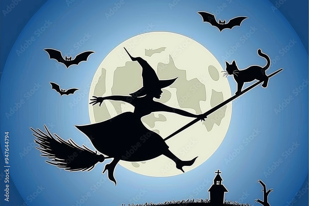Fototapeta premium A witch flies through the night on a broomstick, with a black cat companion below her. The full moon illuminates the sky