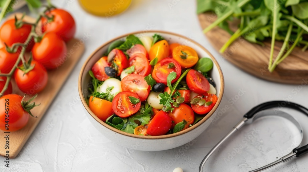 Vibrant Mediterranean Vegetable Salad Featuring Fresh Tomatoes Greens and Other Wholesome Ingredients for a Healthy Lifestyle and Nutritious Meal Vibrant Mediterranean Vegetable Salad Featuring Fresh Tomatoes Greens and Other Wholesome Ingredients for a Healthy Lifestyle and Nutritious Meal