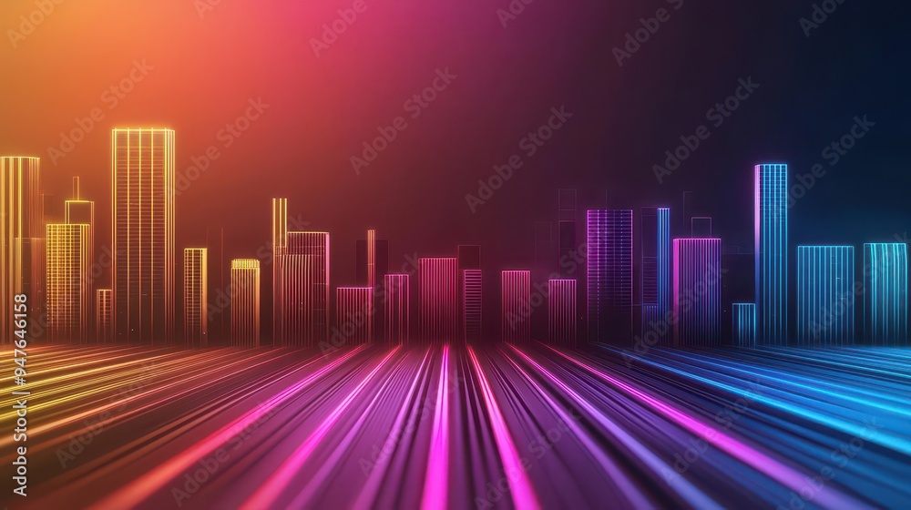 Glowing neon lines tracing the outline of a cityscape, abstract glowtime, modern and energetic Glowing neon lines tracing the outline of a cityscape, abstract glowtime, modern and energetic