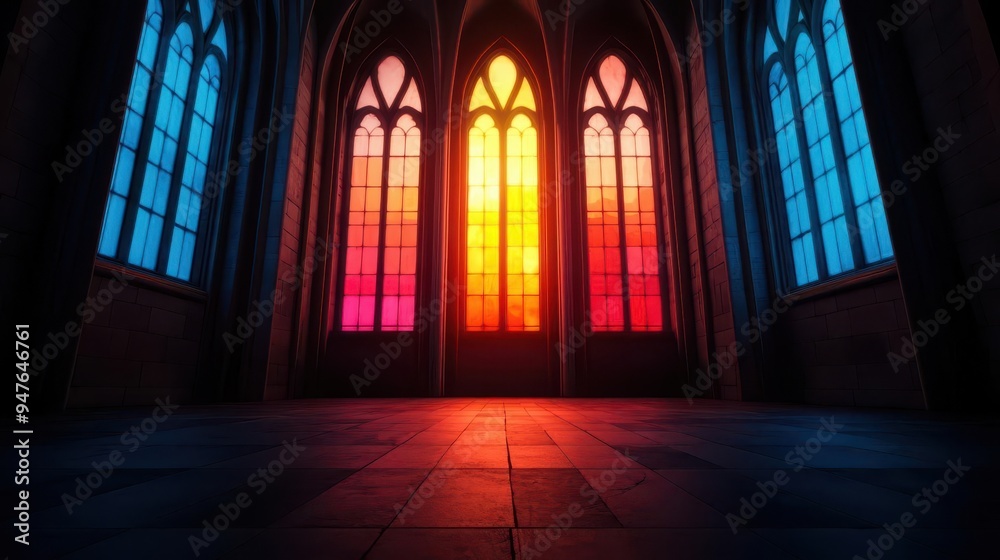 Naklejka premium Glowing stained glass windows in a dark cathedral, capturing the light in vibrant colors, sacred glowtime, spiritual and majestic