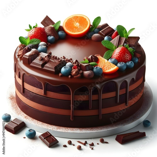  This indulgent chocolate cake is topped with an array of fresh berries and a chocolate bar, making it a decadent treat for any chocolate and fruit lover.