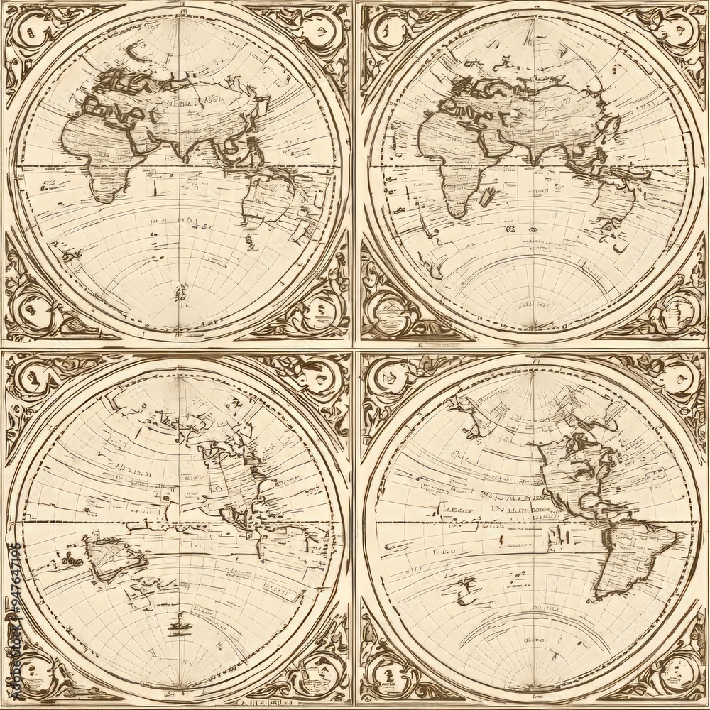  Seamless pattern of antique world maps with ornate borders