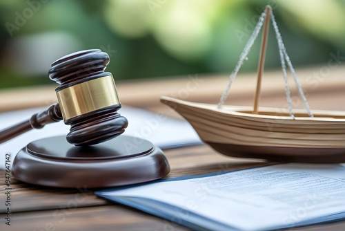 Gavel, boat model and document on a desk blurred office background 