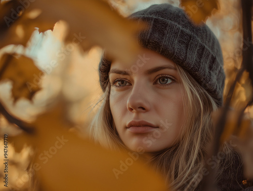 Jesienny portret pięknej młodej blondynki w szarej czapce photo