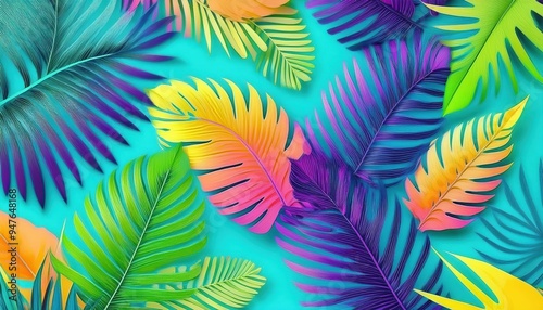 Vibrant illustration of colorful tropical palm leaves on a turquoise background