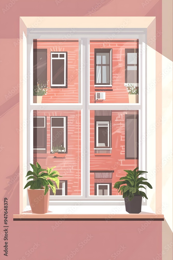 Window View of Brick Building with Plants Window View of Brick Building with Plants