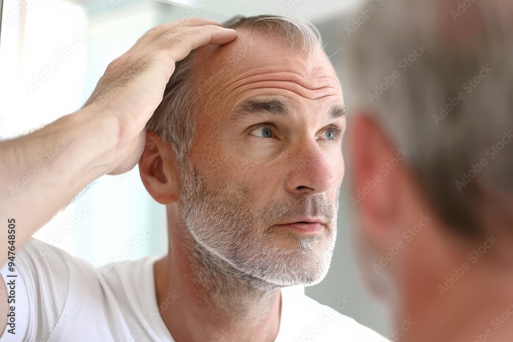 Obraz premium A man with a bald head is looking at himself in the mirror