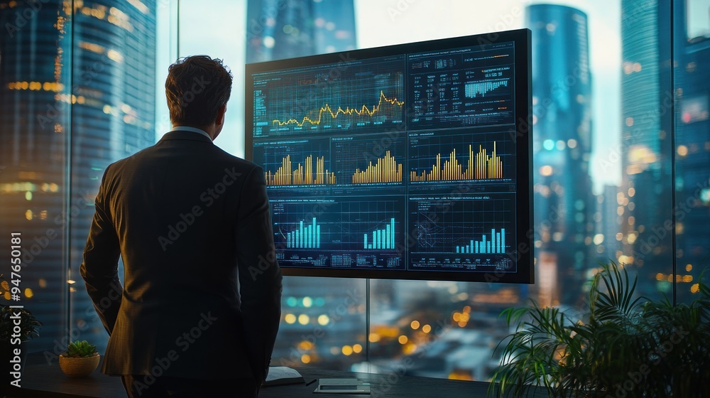 Fototapeta premium A CEO reviews growth metrics on a large screen in a high-tech office, with bright lighting emphasizing focus on performance and data-driven decisions.