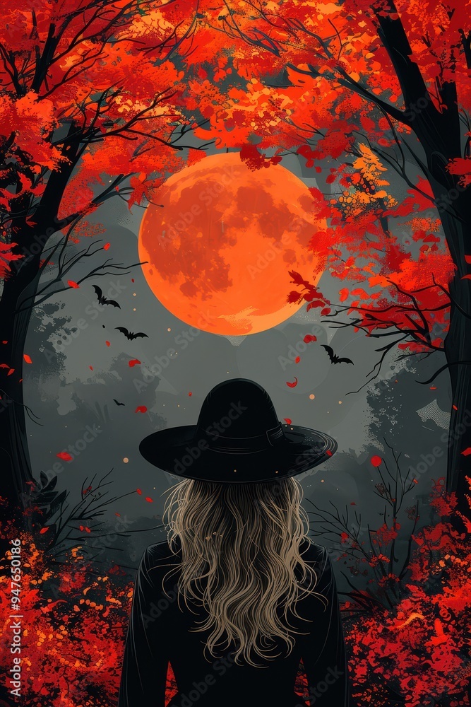 A woman in a black witch hat stands in a forest bathed in the glow of a large, red moon. The trees are ablaze with autumn leaves A woman in a black witch hat stands in a forest bathed in the glow of a large, red moon. The trees are ablaze with autumn leaves