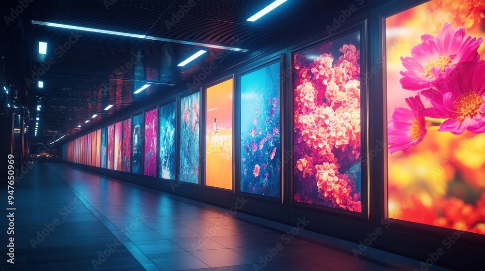 A colorful advertisement poster is prominently displayed in front of generic ads on a wall, with bright lighting and eye-catching design to enhance brand visibility. A colorful advertisement poster is prominently displayed in front of generic ads on a wall, with bright lighting and eye-catching design to enhance brand visibility.