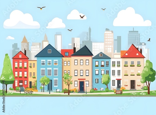 Colorful Row Houses In Front Of City Skyline Illustration