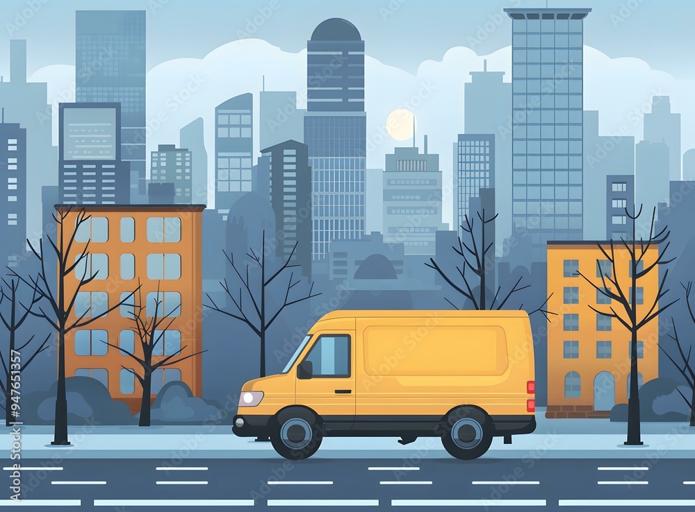 Yellow Delivery Van Driving on City Street Yellow Delivery Van Driving on City Street