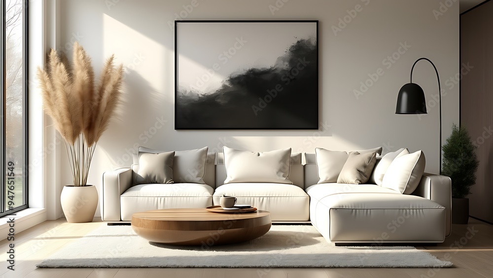 Natural wood coffee table near white corner sofa against wooden paneling wall. Minimalist interior design of modern living room. Natural wood coffee table near white corner sofa against wooden paneling wall. Minimalist interior design of modern living room.