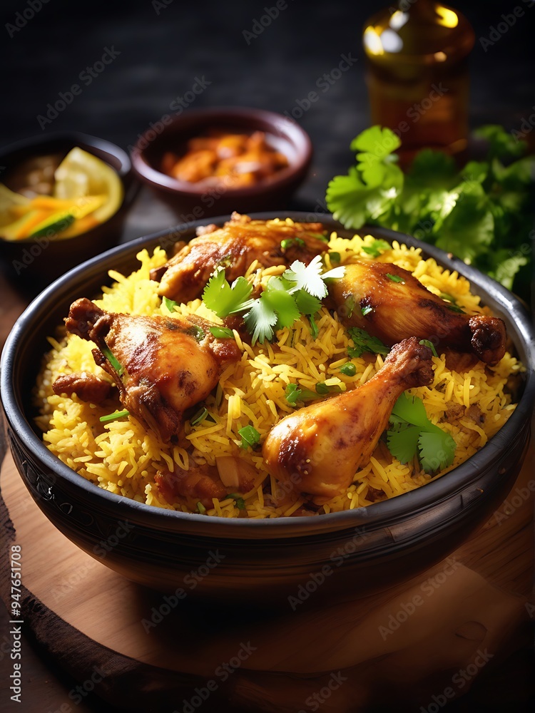 Delicious Dum Handi chicken Biryani or Mandi or Kabse dish, The dish is garnished with a sprinkle of fresh herbs and spicy sauce Delicious Dum Handi chicken Biryani or Mandi or Kabse dish, The dish is garnished with a sprinkle of fresh herbs and spicy sauce