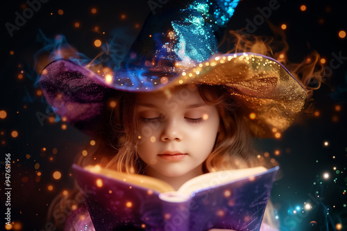 A child dressed in a vibrant witch hat engrossed in a magical book, illuminated by glowing sparks and enchanting lights that create a whimsical ambiance