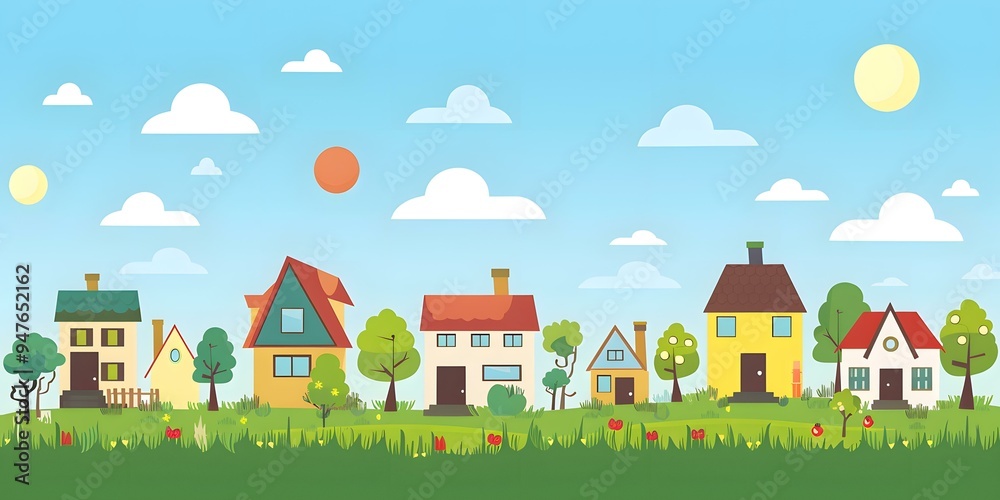 Cartoon Illustration of Small Houses in a Green Field with a Blue Sky Cartoon Illustration of Small Houses in a Green Field with a Blue Sky