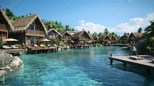 198. "A stunning 3D model of a luxury resort with overwater bungalows, crystal-clear water, and breathtaking views