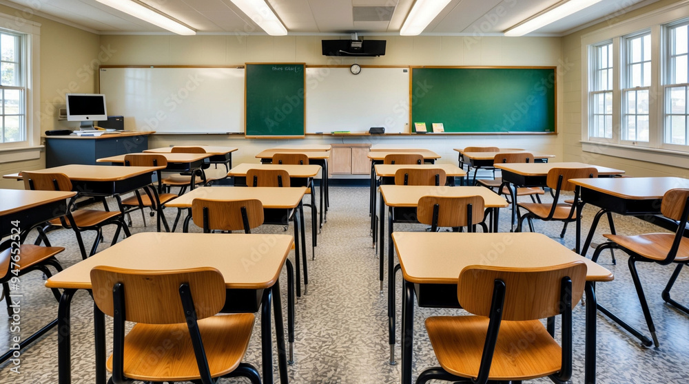 Tradycyjna klasa, drewniane biurka i krzesła ustawione w rzędach. Na przodzie klasy umieszczono białą tablicę oraz zieloną tablicę kredową. Tradycyjna klasa, drewniane biurka i krzesła ustawione w rzędach. Na przodzie klasy umieszczono białą tablicę oraz zieloną tablicę kredową.