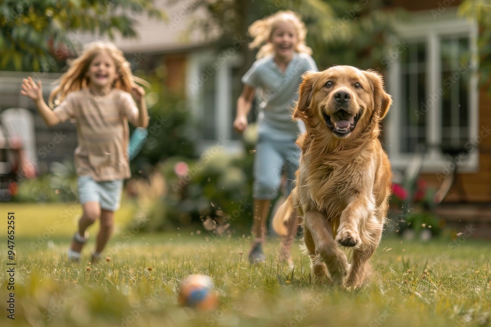 A dog is running in a field with two children playing with it A dog is running in a field with two children playing with it