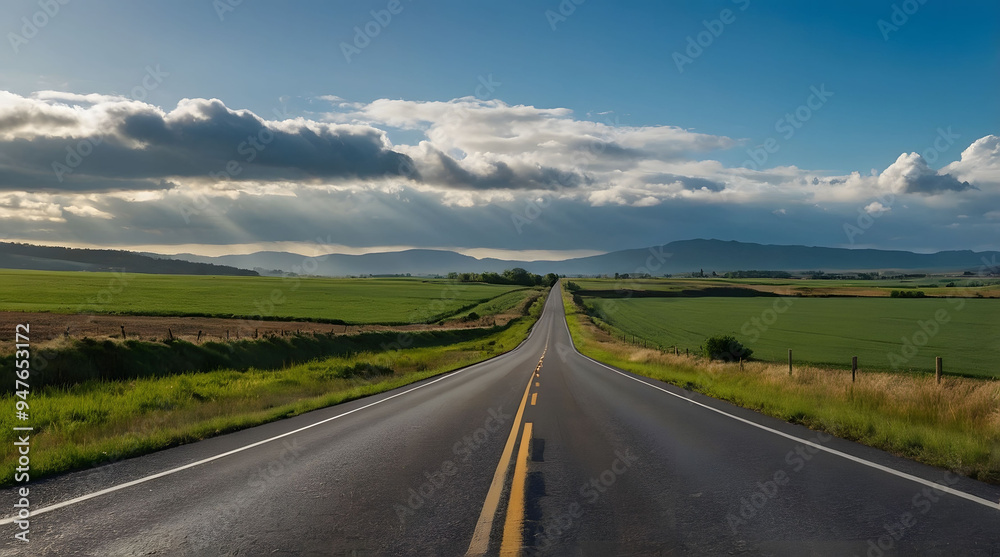 Empty Country Road with Sun Rays Piercing Through Cloudy Sky Empty Country Road with Sun Rays Piercing Through Cloudy Sky