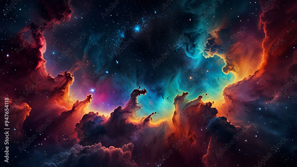 Fototapeta premium Vibrant nebula in a galactic space cloud. Starry night sky and cosmic expanse. Astronomy and universe science. Supernova-themed background wallpaper