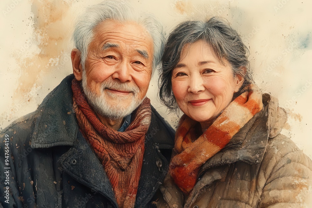 joyful senior love illustrated portrait of smiling japanese couple warm colors loose brushstrokes celebrating lifelong companionship joyful senior love illustrated portrait of smiling japanese couple warm colors loose brushstrokes celebrating lifelong companionship
