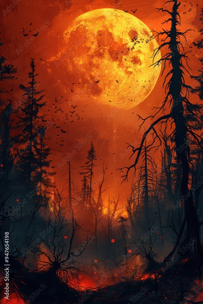 An illustration of a forest with burning trees on a Halloween night with a large orange moon in the sky An illustration of a forest with burning trees on a Halloween night with a large orange moon in the sky