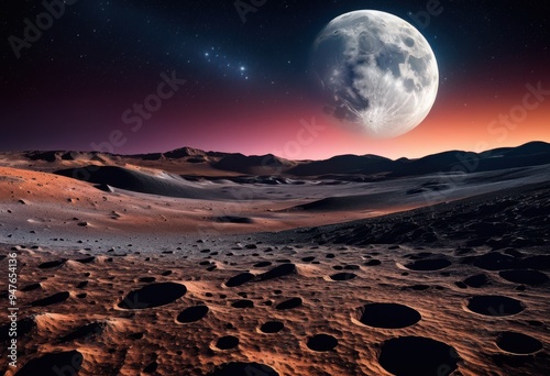 breathtaking lunar landscape under shimmering starry sky featuring celestial bodies, moon, stars, night, scenery, astronomy, craters, mountains, horizon