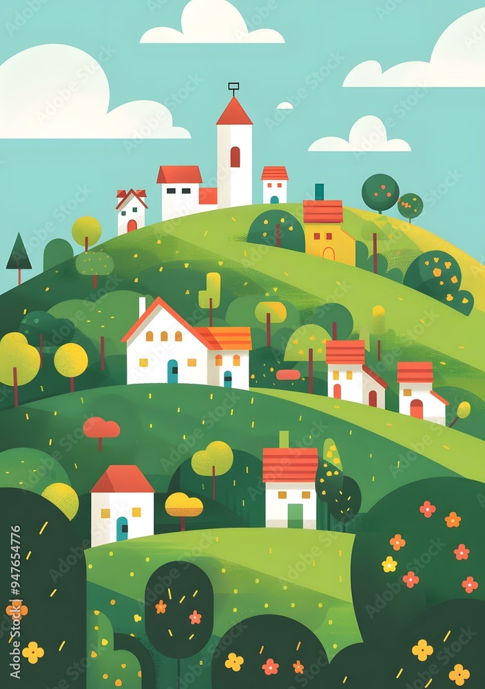 Colorful Illustration of a Town on a Hill Colorful Illustration of a Town on a Hill