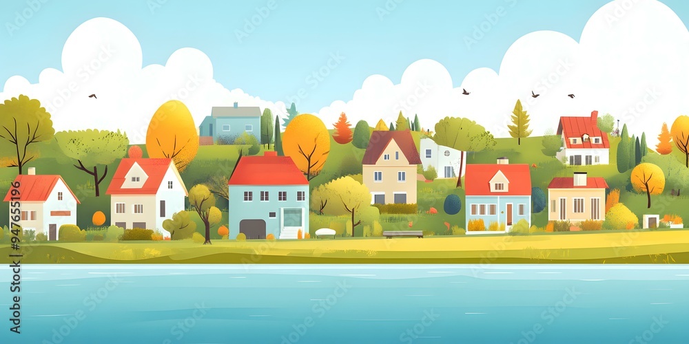 Colorful Illustration of Houses by the River