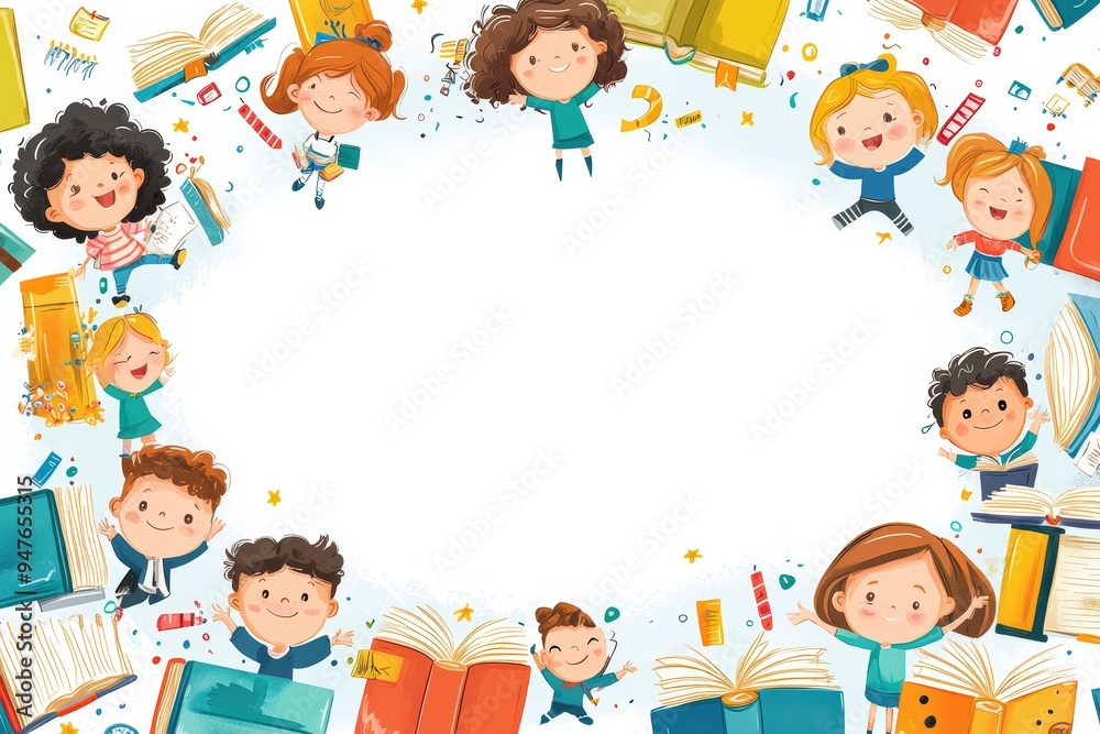 Happy kids around books Happy kids around books