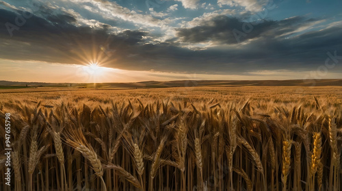 Sunbeams Through Wheat Field with Cloudy Sky photo