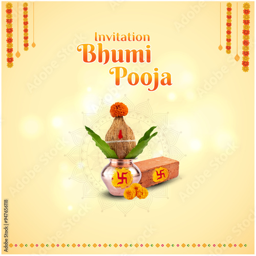 Bhoomi Pooja Invitation, laying of foundation stone, New Start, Real Estate, Construction Concept. Kalash, Shubh, Floral Etc, Vector Design editable Layered 