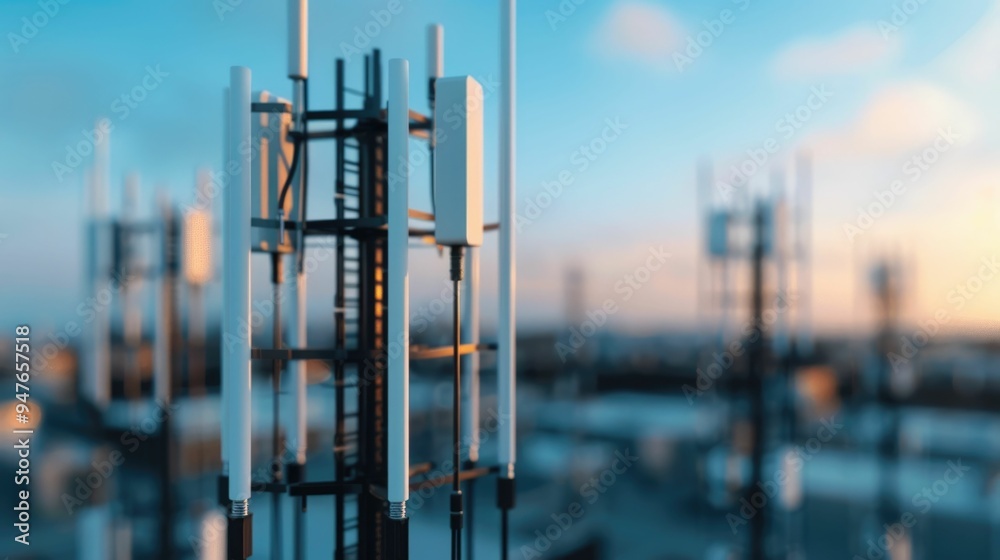 Fototapeta premium Futuristic 5G network infrastructure development with new tower and antenna installations against a blurred urban skyline backdrop during a vibrant sunset sky