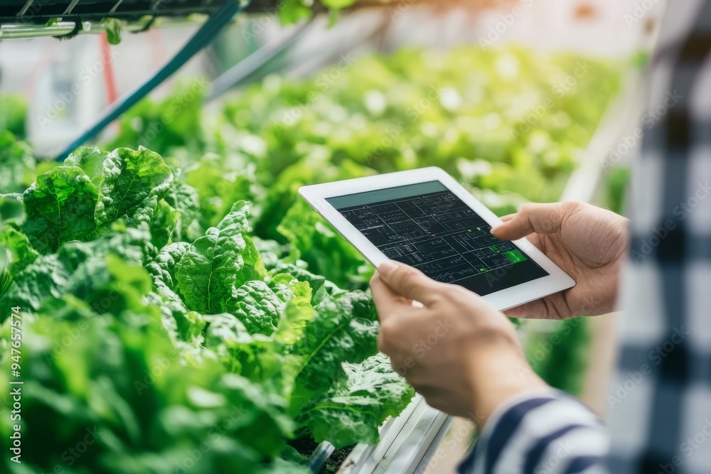 High-tech hydroponic farm with automated climate control systems. Farmer monitoring data on a tablet, Generative AI High-tech hydroponic farm with automated climate control systems. Farmer monitoring data on a tablet, Generative AI