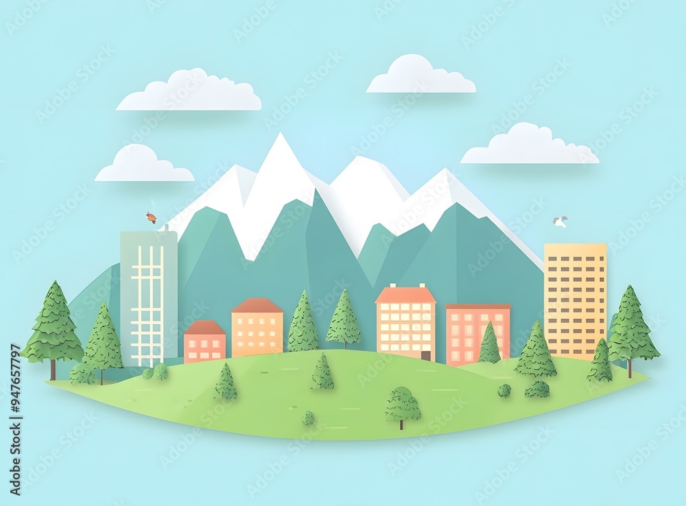 Paper Cut Style Illustration of Cityscape with Mountains in Background Paper Cut Style Illustration of Cityscape with Mountains in Background