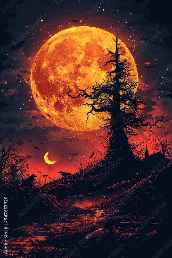 A digital illustration depicting a full red moon illuminating a dark forest on a Halloween night. The silhouette of a tall, bare tree dominates the scene A digital illustration depicting a full red moon illuminating a dark forest on a Halloween night. The silhouette of a tall, bare tree dominates the scene