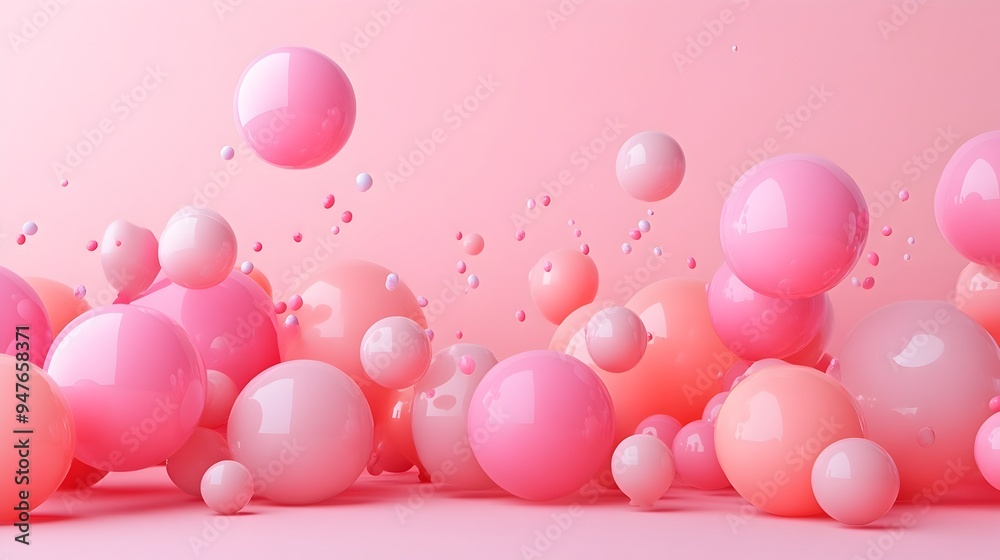 Soft pink background with scattered pastel balloons in a minimalist celebratory decor setting