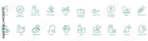 Nutritional Quality and Health Icons: Nut-Free, Organic Certification, Pesticide-Free, Plant-Based, Raw, Recyclable Packaging, Sugar-Free, Sustainable Farming, Vegan, Whole-Grain, Nutrition, Food