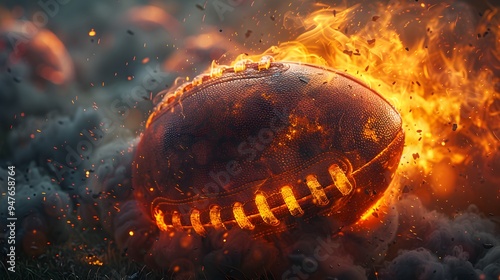 Artistic rendering of a football surrounded by fire, symbolizing energy and determination in athletics photo